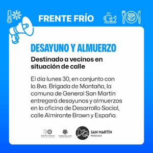 FRÍO EXTREMO: MAÑANA LUNES, DESAYUNO Y ALMUERZO PARA PERSONAS EN SITUACIÓN DE CALLE